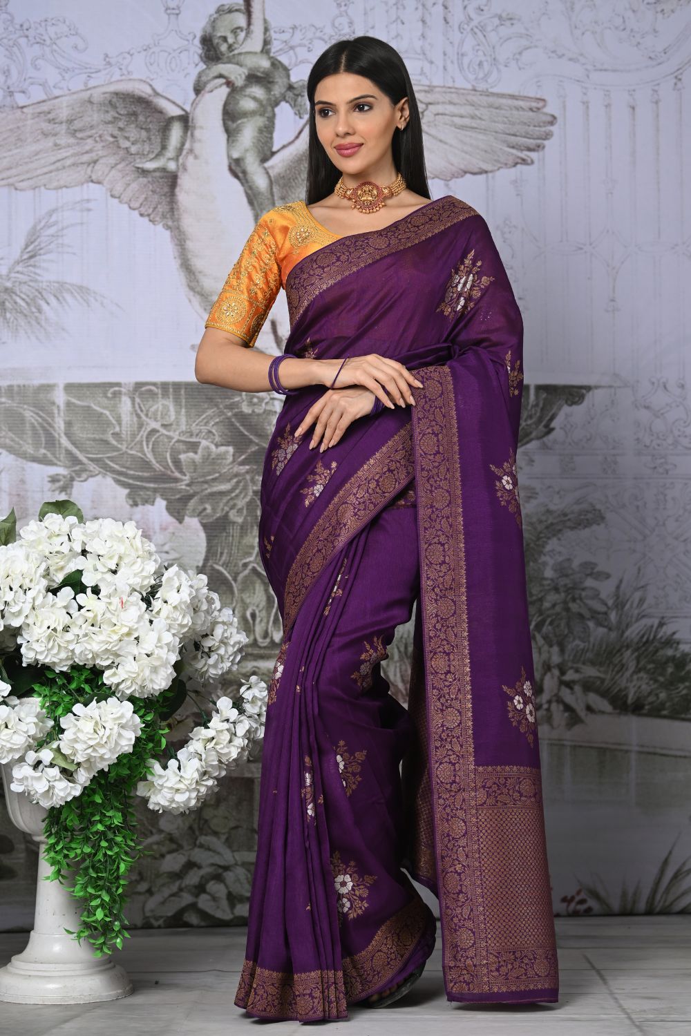 Buy golden  Silk Saree With Blouse Piece Nitaraa