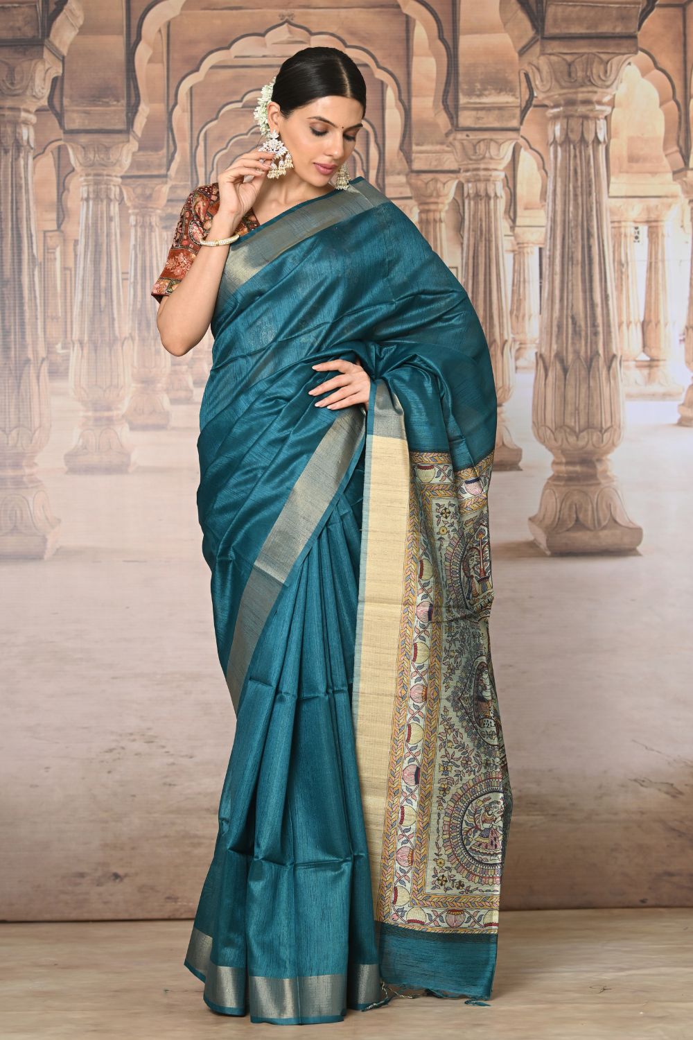 Buy Teal Silk Blend Saree Nitaraa