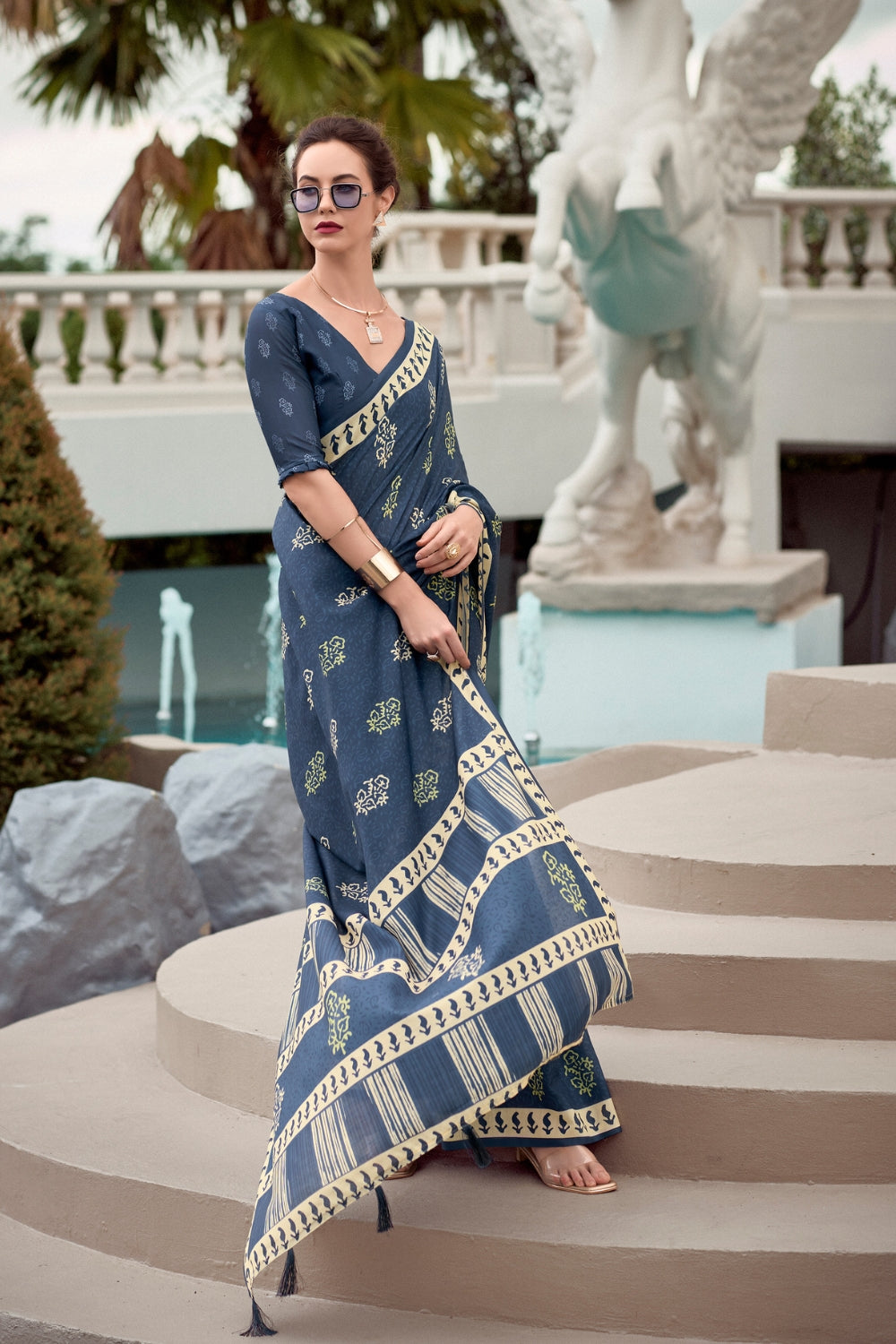 Dark Blue Pure Mal Mal Silk Saree