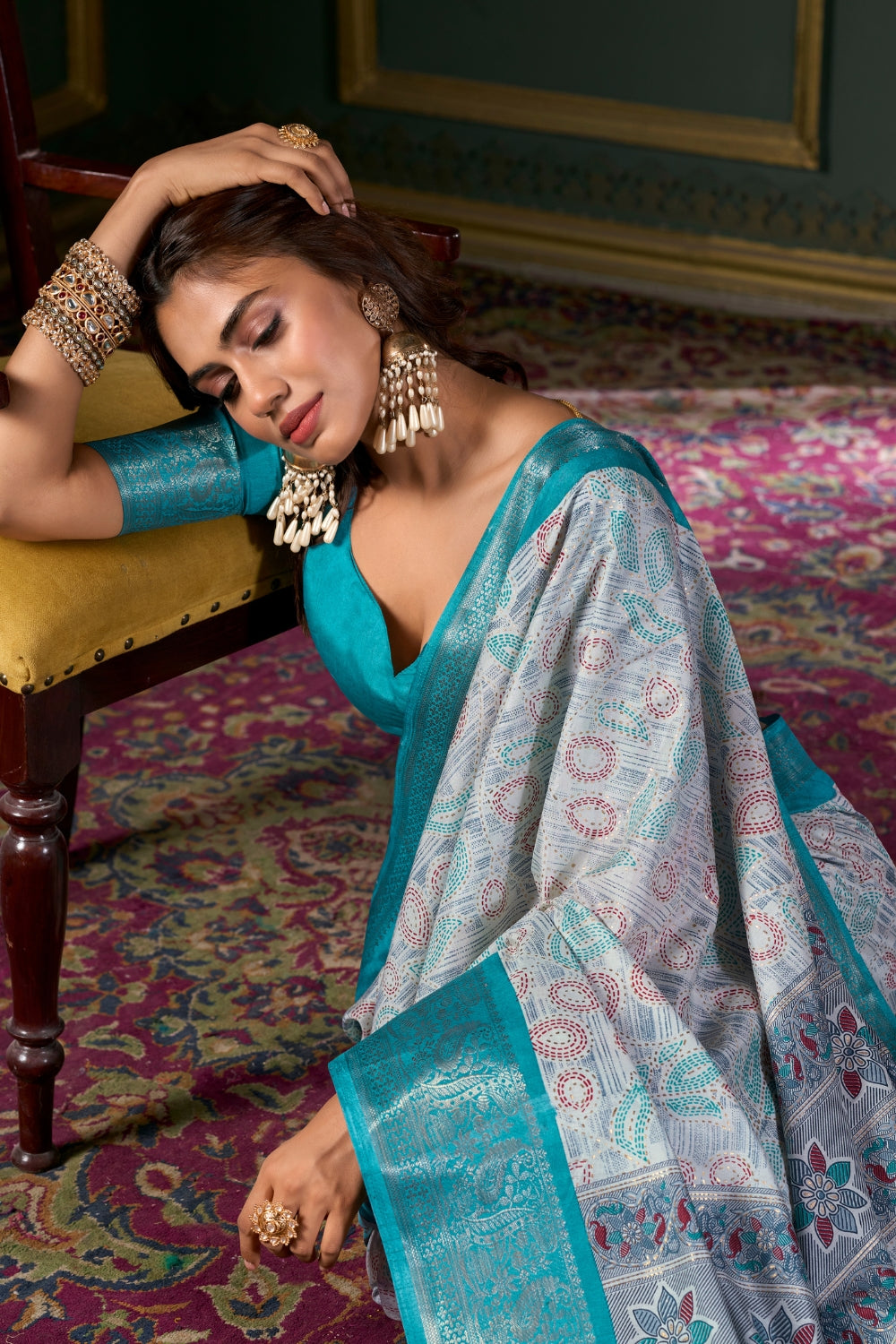 Blue Soft Silk Fabric With Foil Print Saree