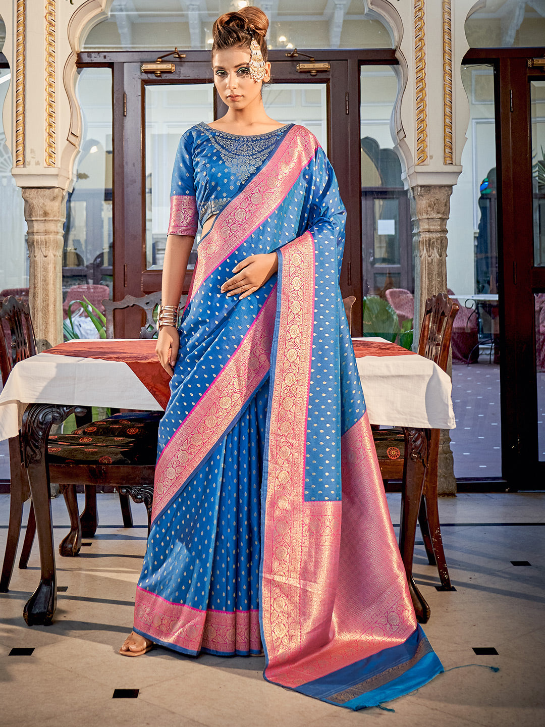 Denim Blue Banarasi Silk Zari Weaving Saree