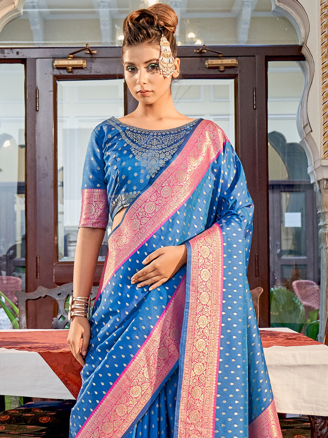 Denim Blue Banarasi Silk Zari Weaving Saree