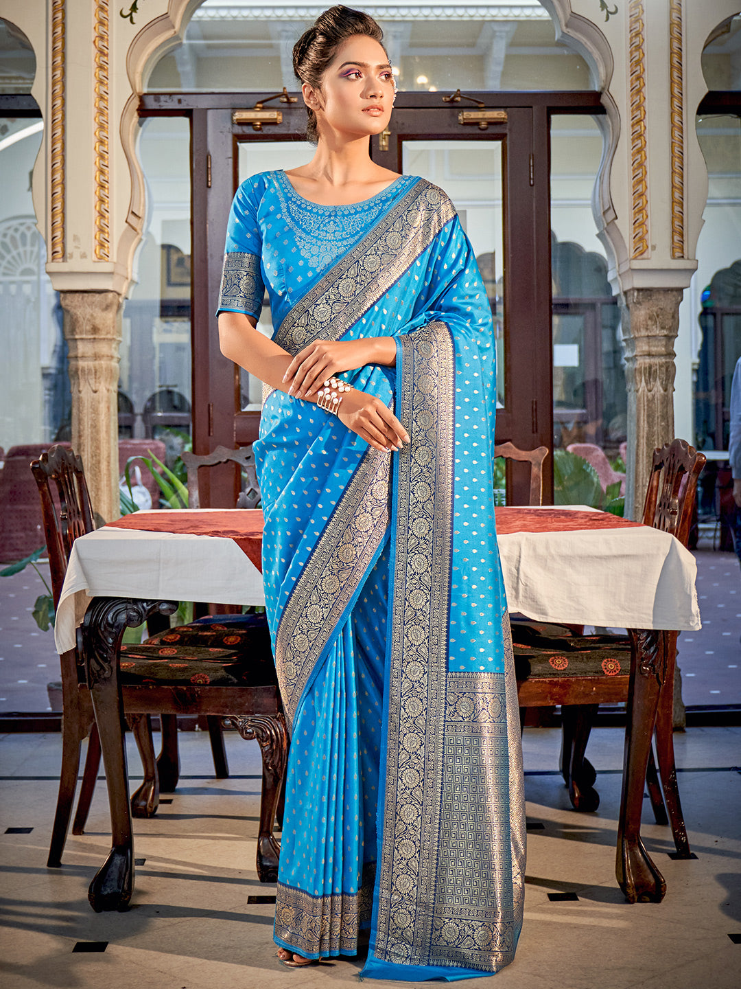 Sky Blue Banarasi Silk Zari Weaving Saree