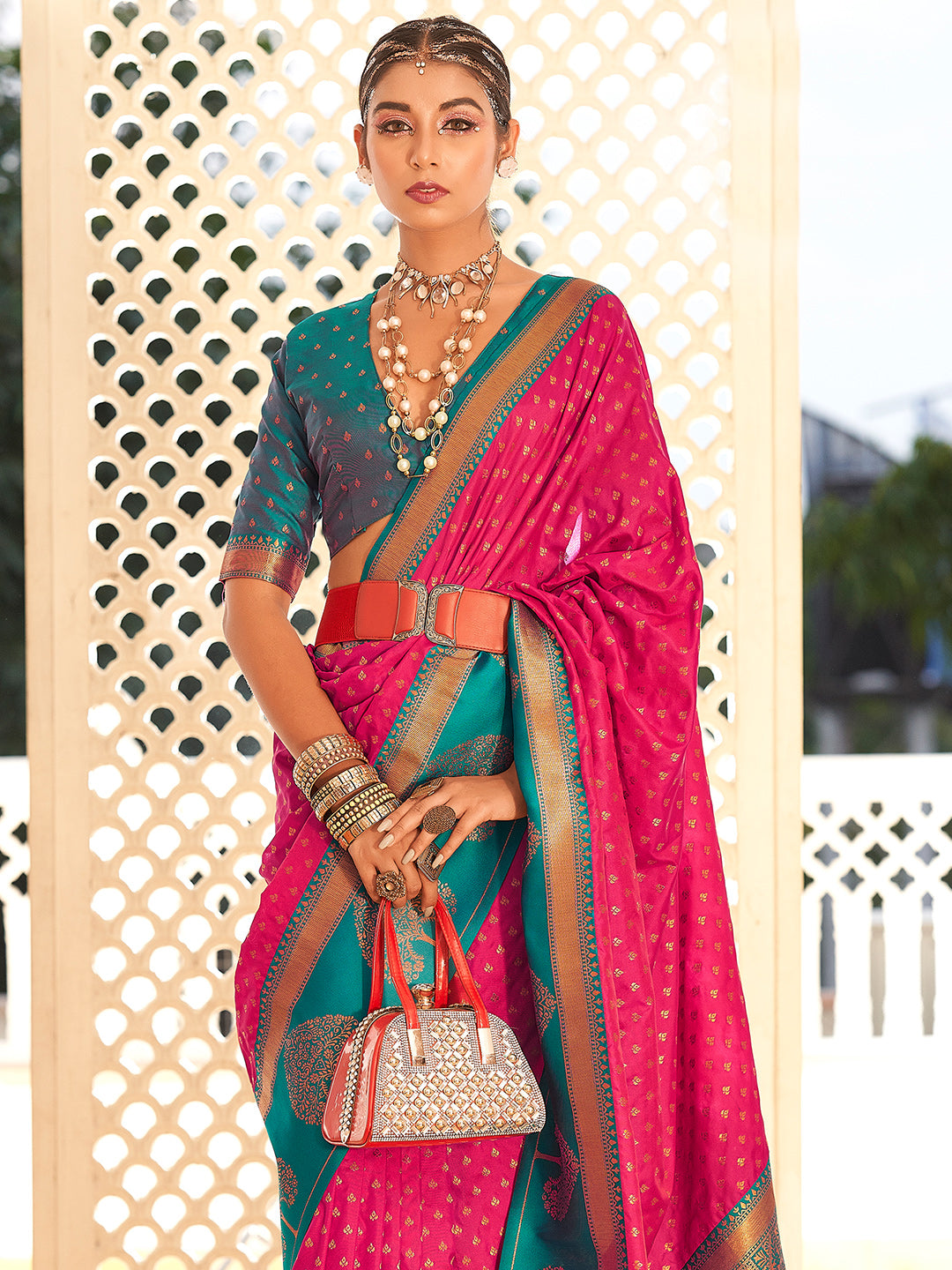 Bright Pink Soft Banarasi Paithani with Copper Zari Weaving Saree