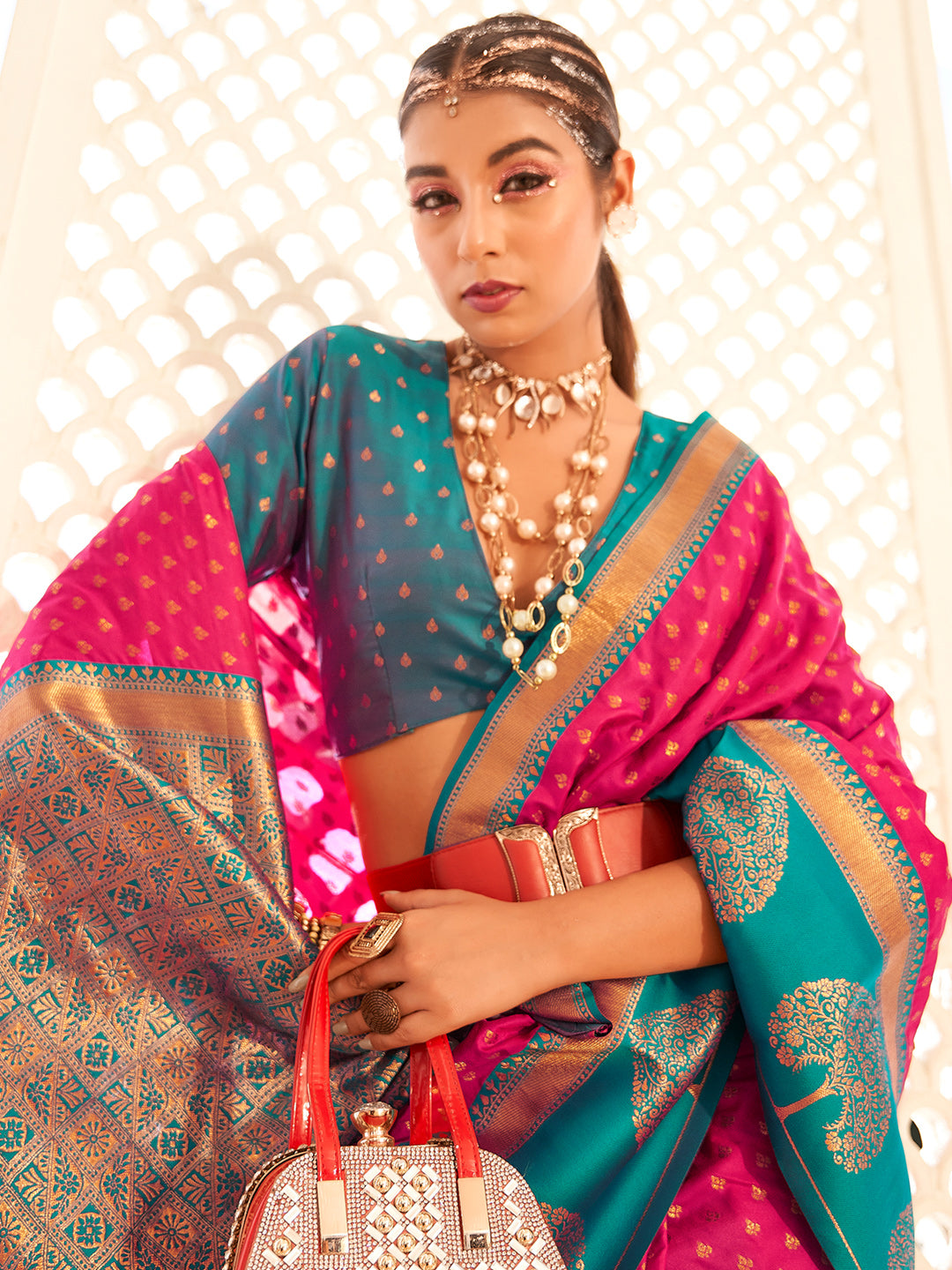 Bright Pink Soft Banarasi Paithani with Copper Zari Weaving Saree