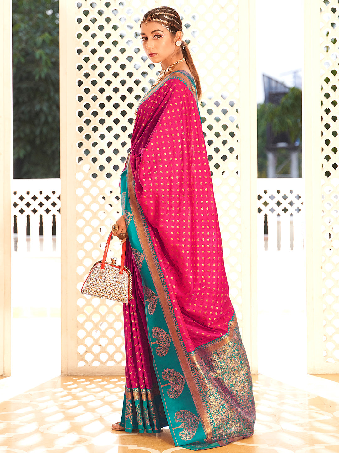 Bright Pink Soft Banarasi Paithani with Copper Zari Weaving Saree