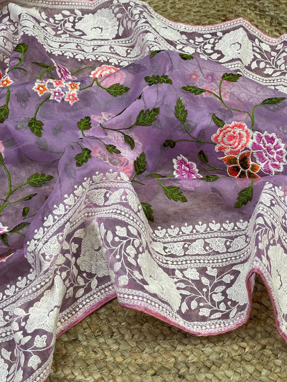 Lavender Organza Saree With Sattin Benglori Blouse