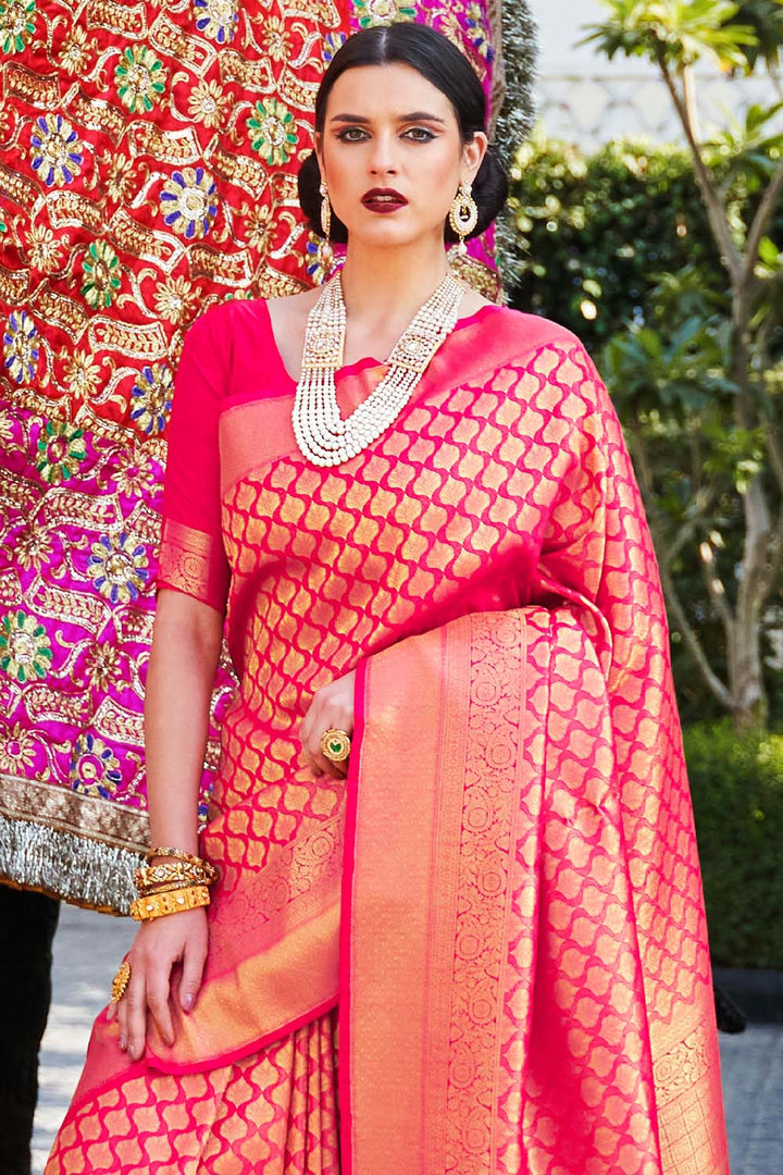 Ruby Pink Woven Kanjivaram Saree