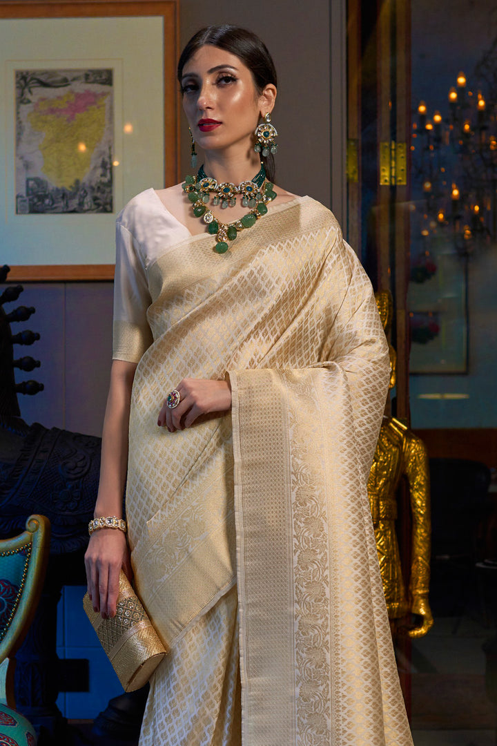 Beige Golden Kanjivaram Saree