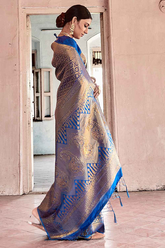 Azure Blue Zari Woven Kanjivaram Fusion Saree With Swaroski