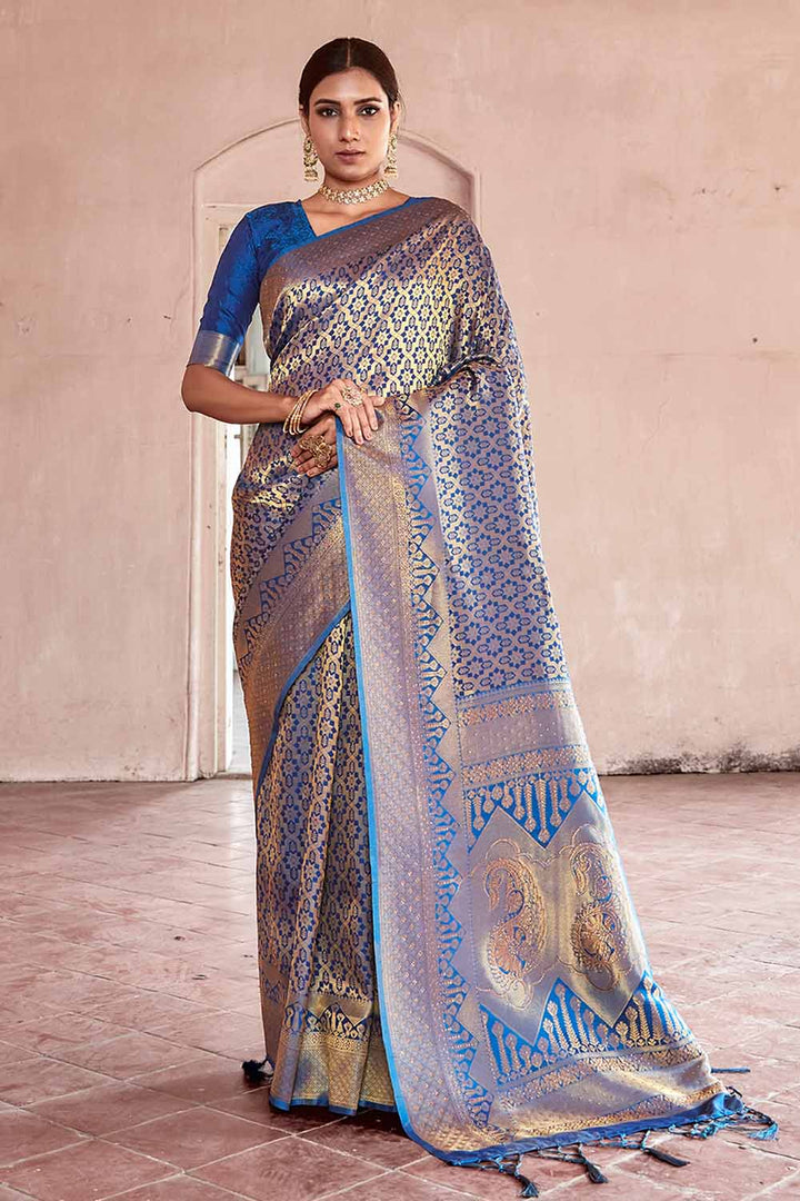 Azure Blue Zari Woven Kanjivaram Fusion Saree With Swaroski