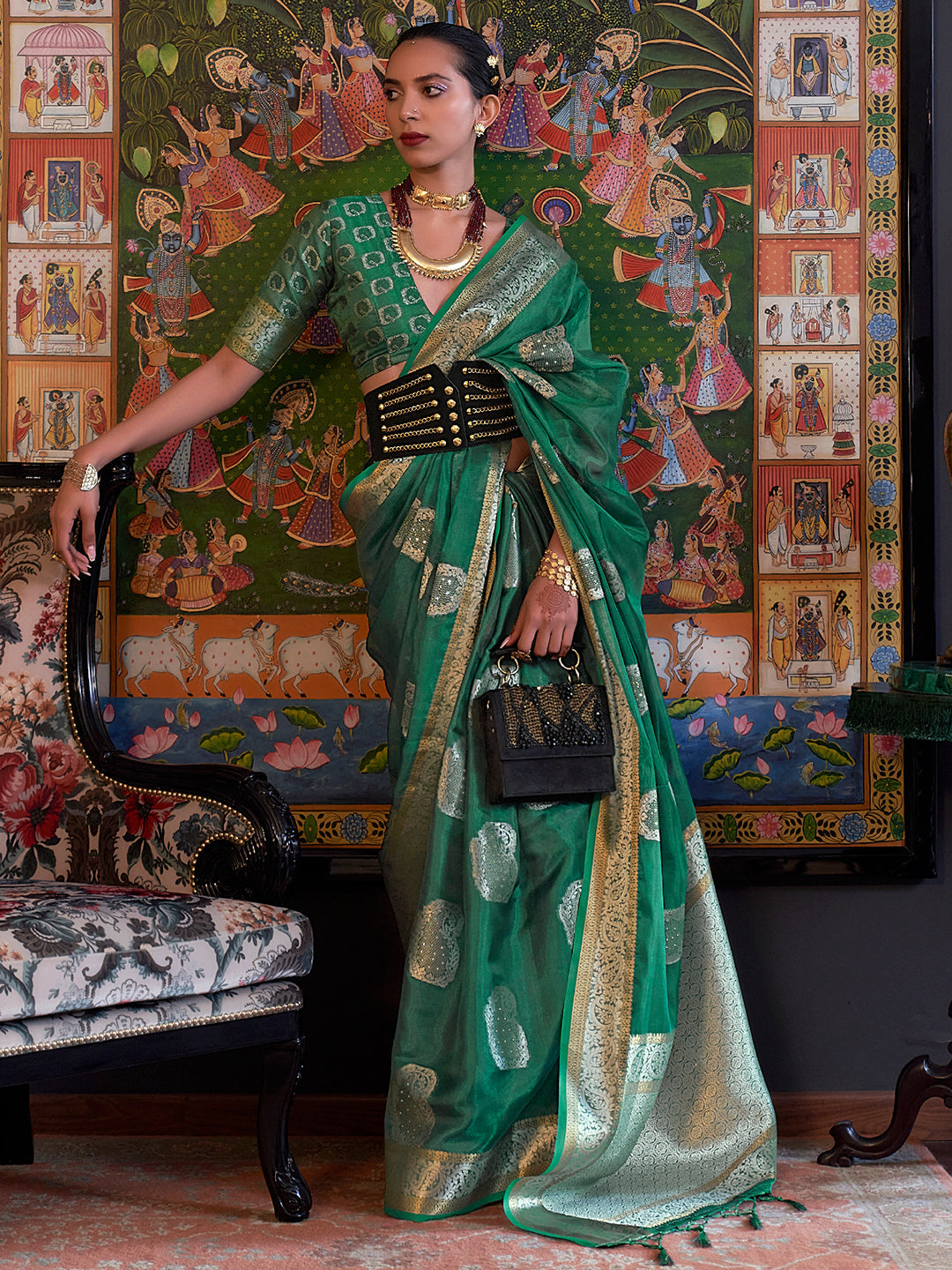 Emerald Green Organza Saree