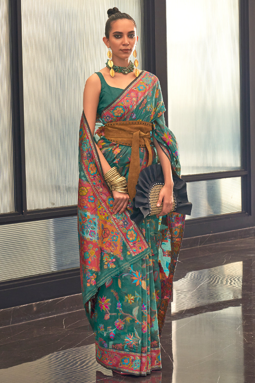 Buy Water Blue Kashmiri Silk Saree With Blouse Piece Nitaraa