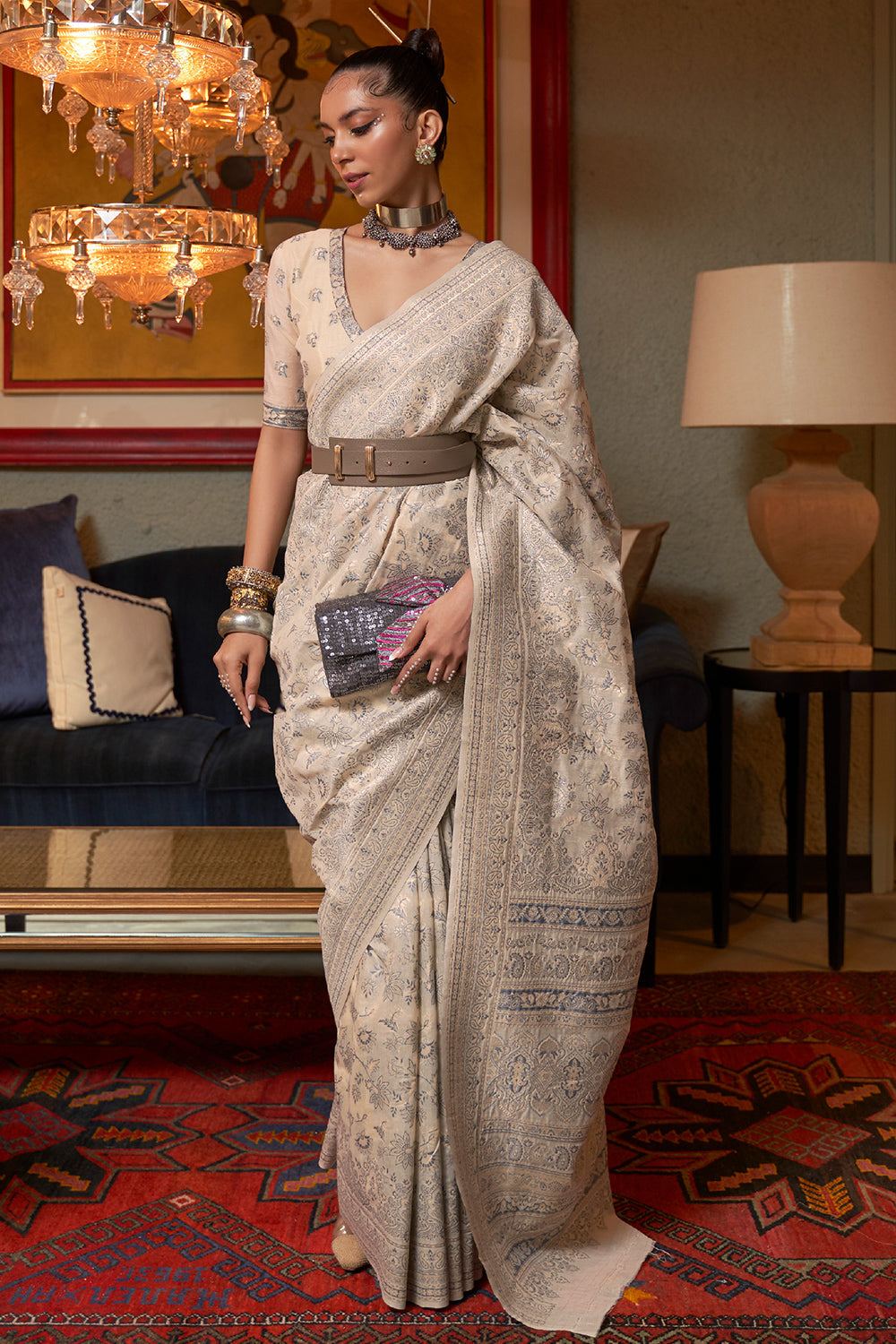 Ivory White Kashmiri Cotton Saree