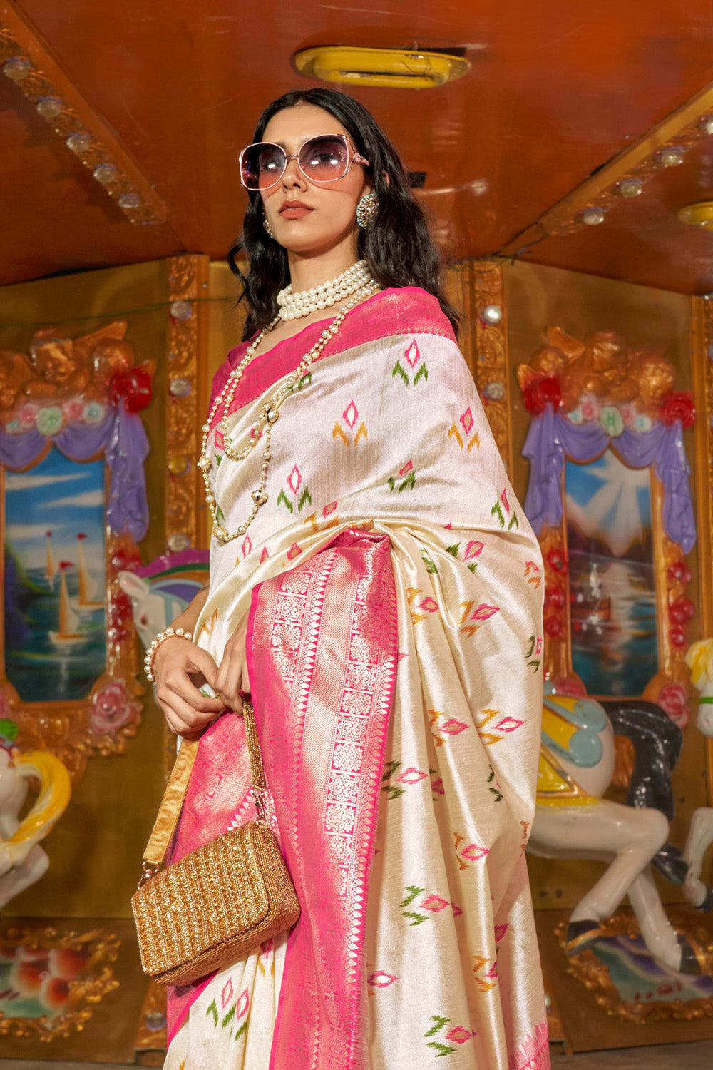 Cream Banarasi Silk Saree With Blouse Piece