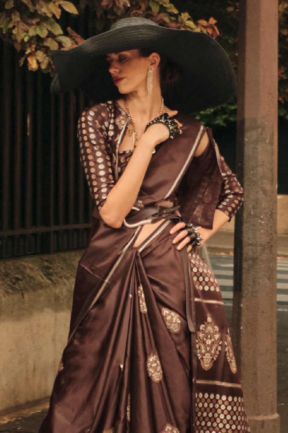 Dark Brown Satin Saree