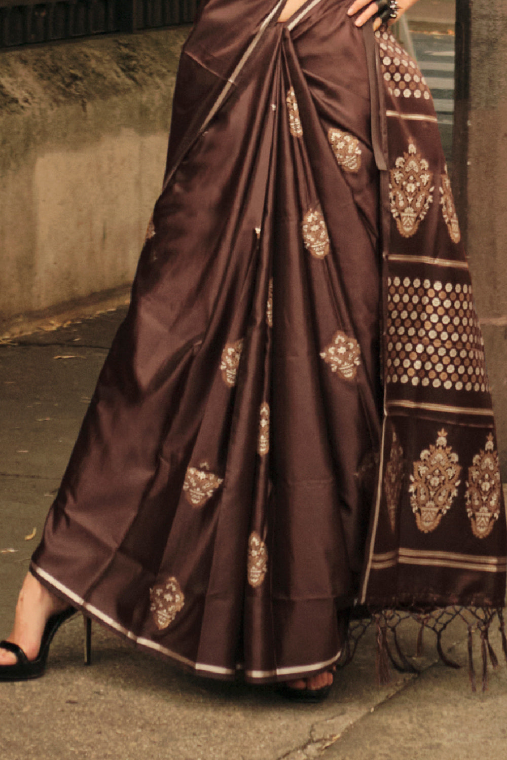 Dark Brown Satin Saree