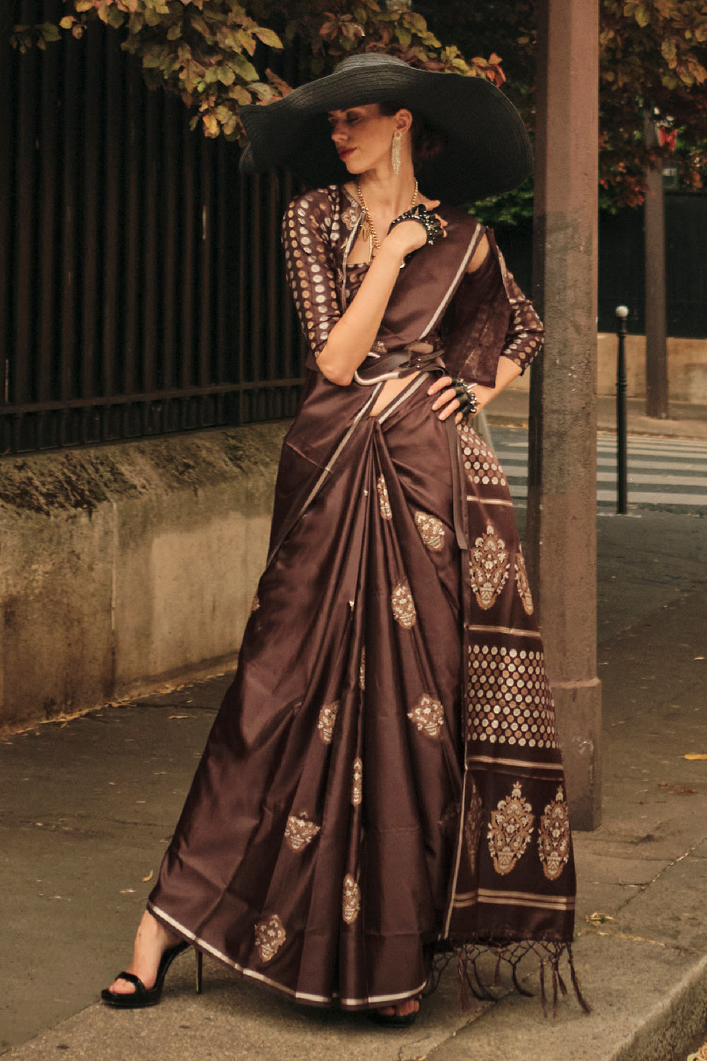 Dark Brown Satin Saree