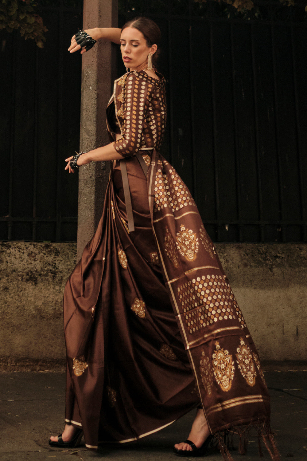 Dark Brown Satin Saree