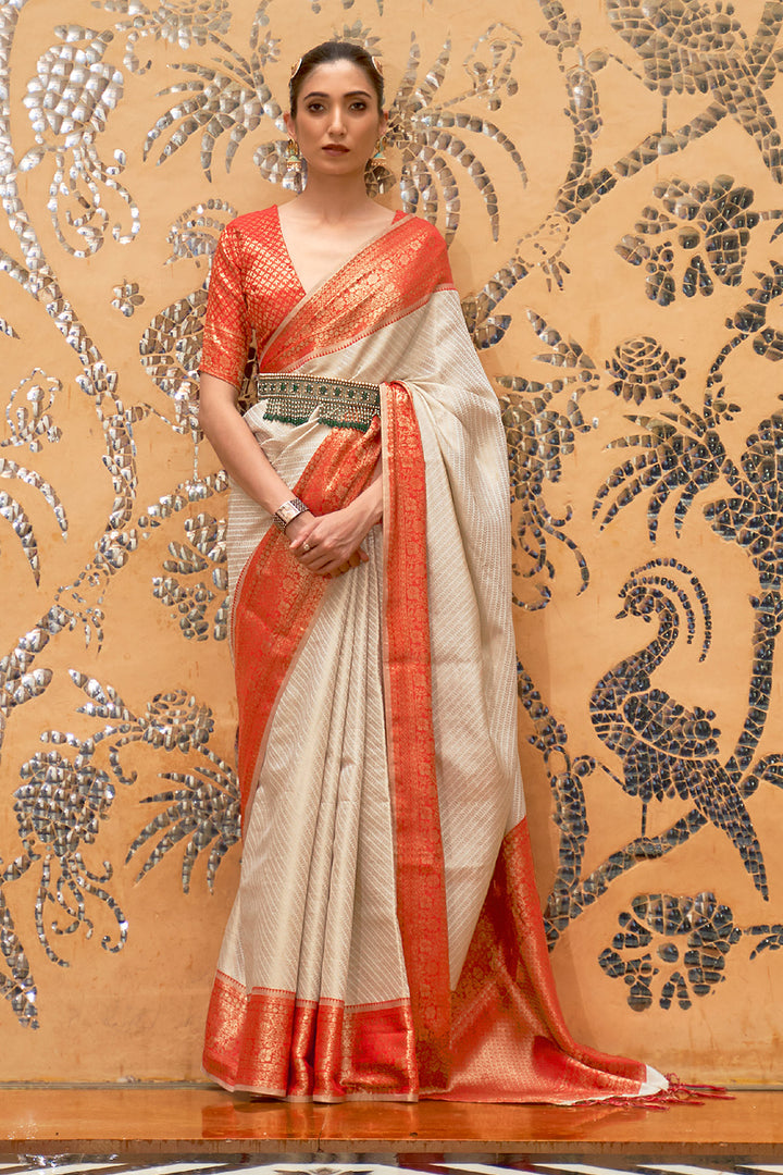 White And Orange Kanjivaram Saree