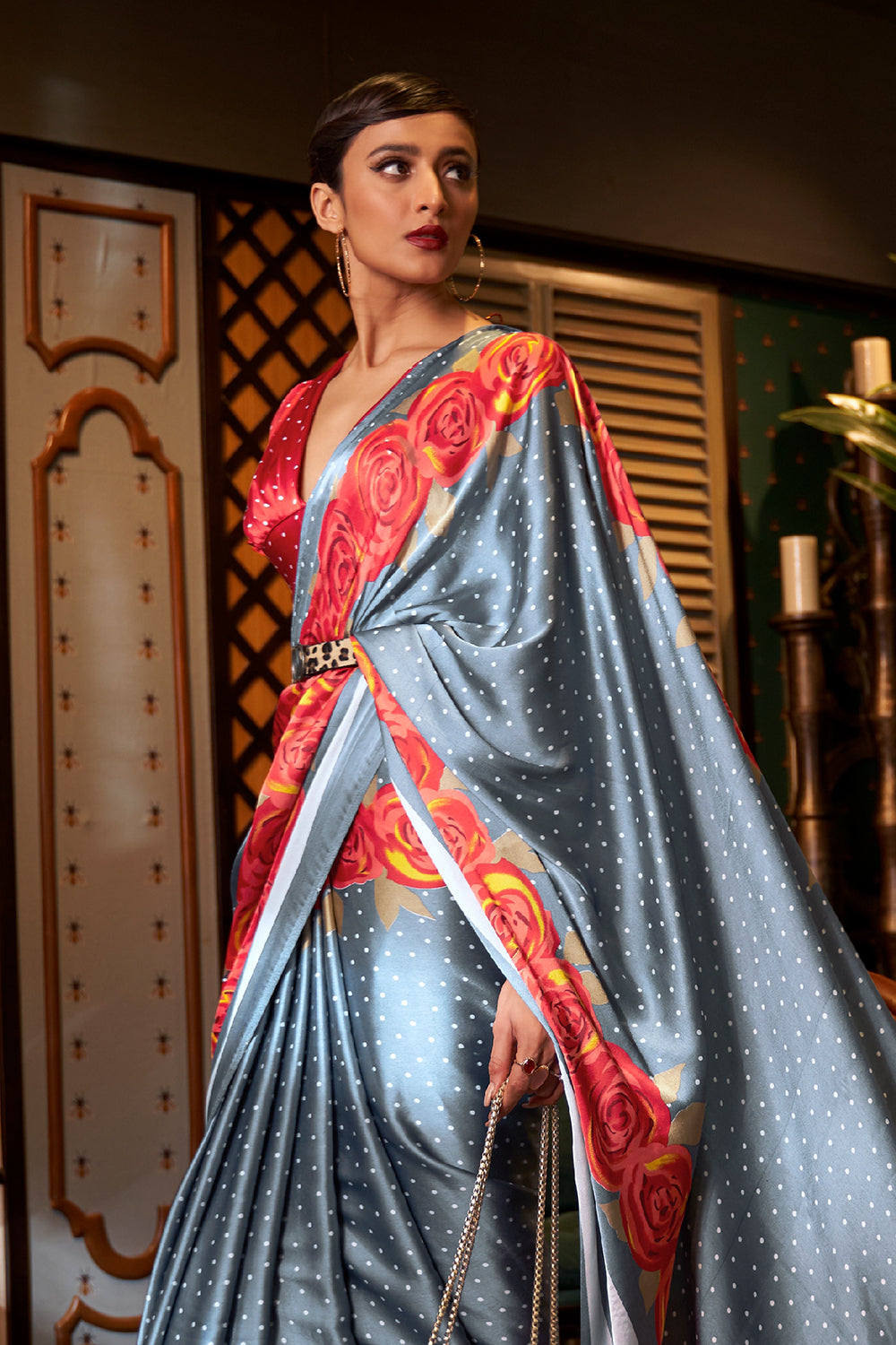 Buy Dove Grey Satin Saree Nitaraa