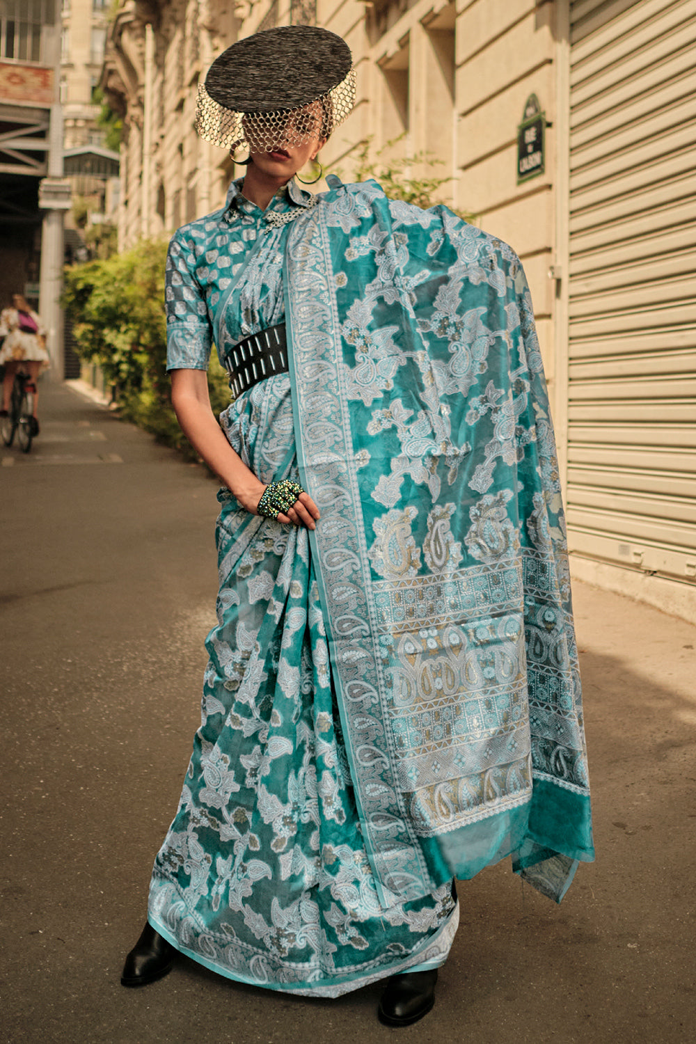 Bottle Green Chickankari Organza Saree