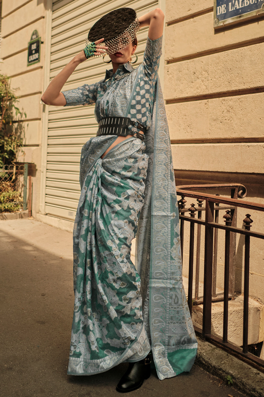 Forest Green Chickankari Organza Saree