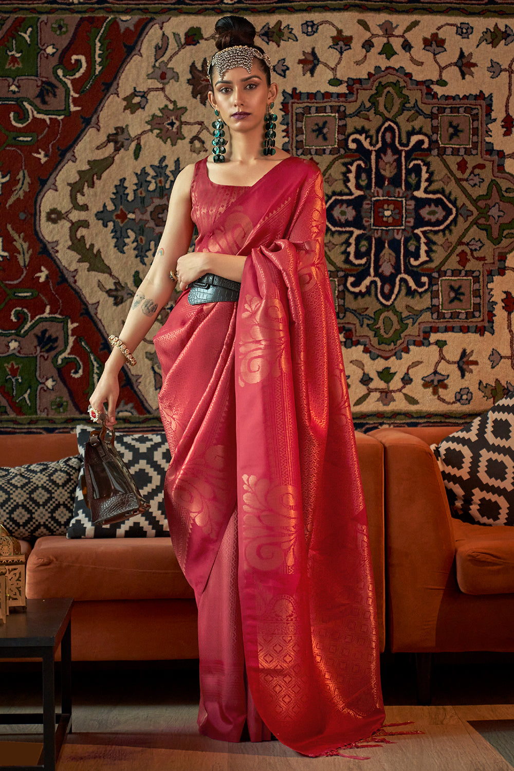 Buy Carmine Red Kanjivaram Silk saree Kanjivaram Saree online Nitaraa