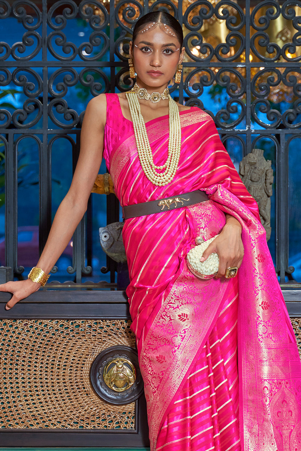 Buy Blue Satin Digital Printed Saree With Blouse Piece Nitaraa