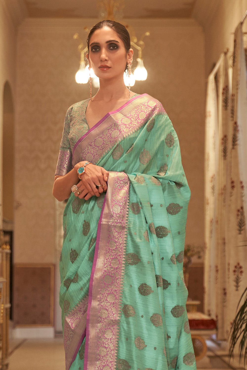 Buy Daisy White And Green Banarasi Silk Saree Nitaraa
