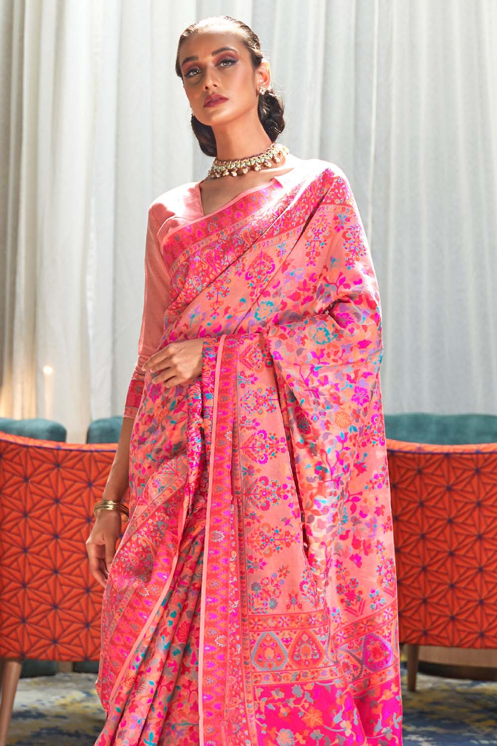 Buy Green Pashmina Silk Organza Saree With Blouse Piece Nitaraa