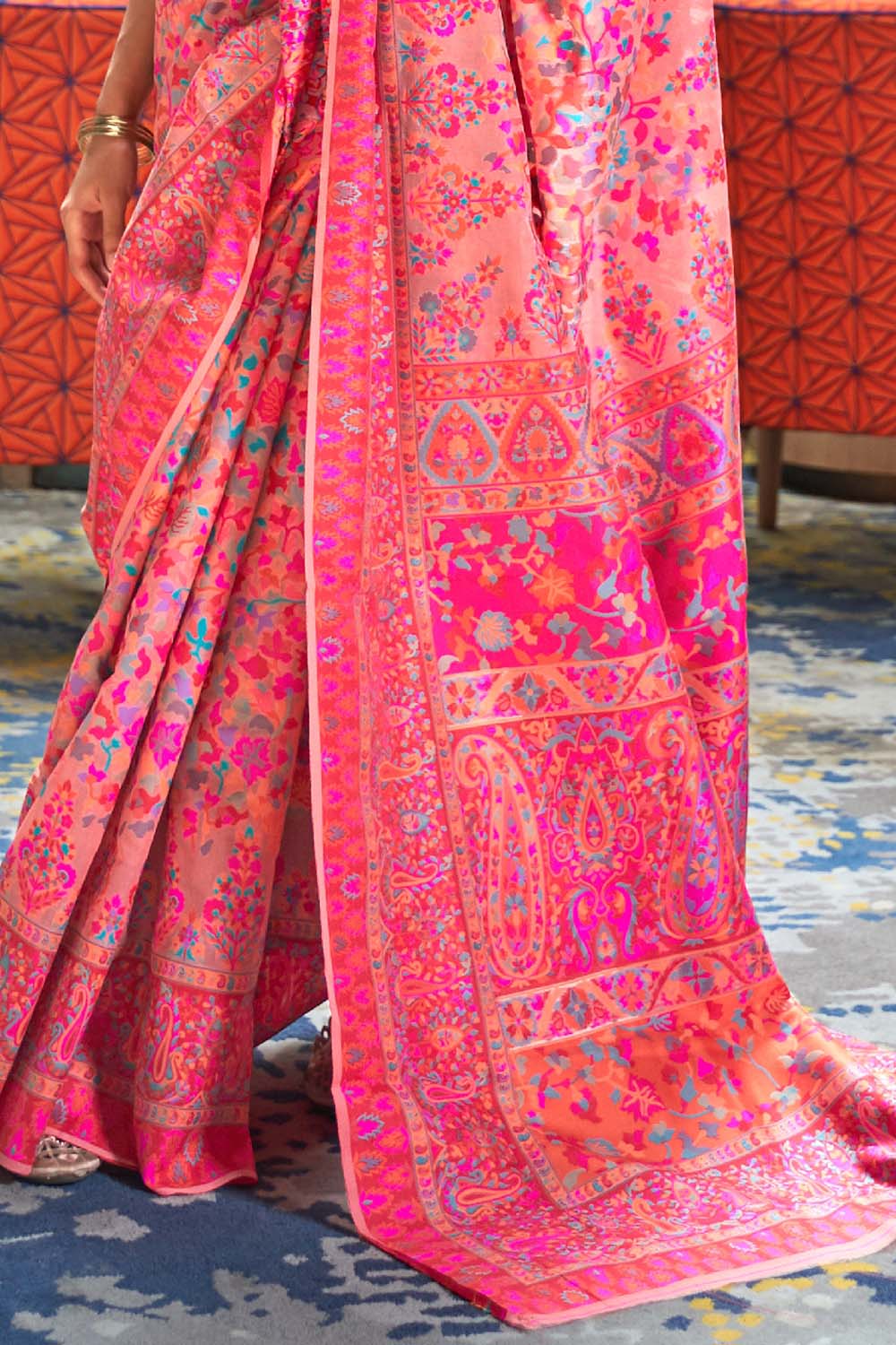 Buy Peach Pashmina Silk Organza Saree With Blouse Piece Nitaraa