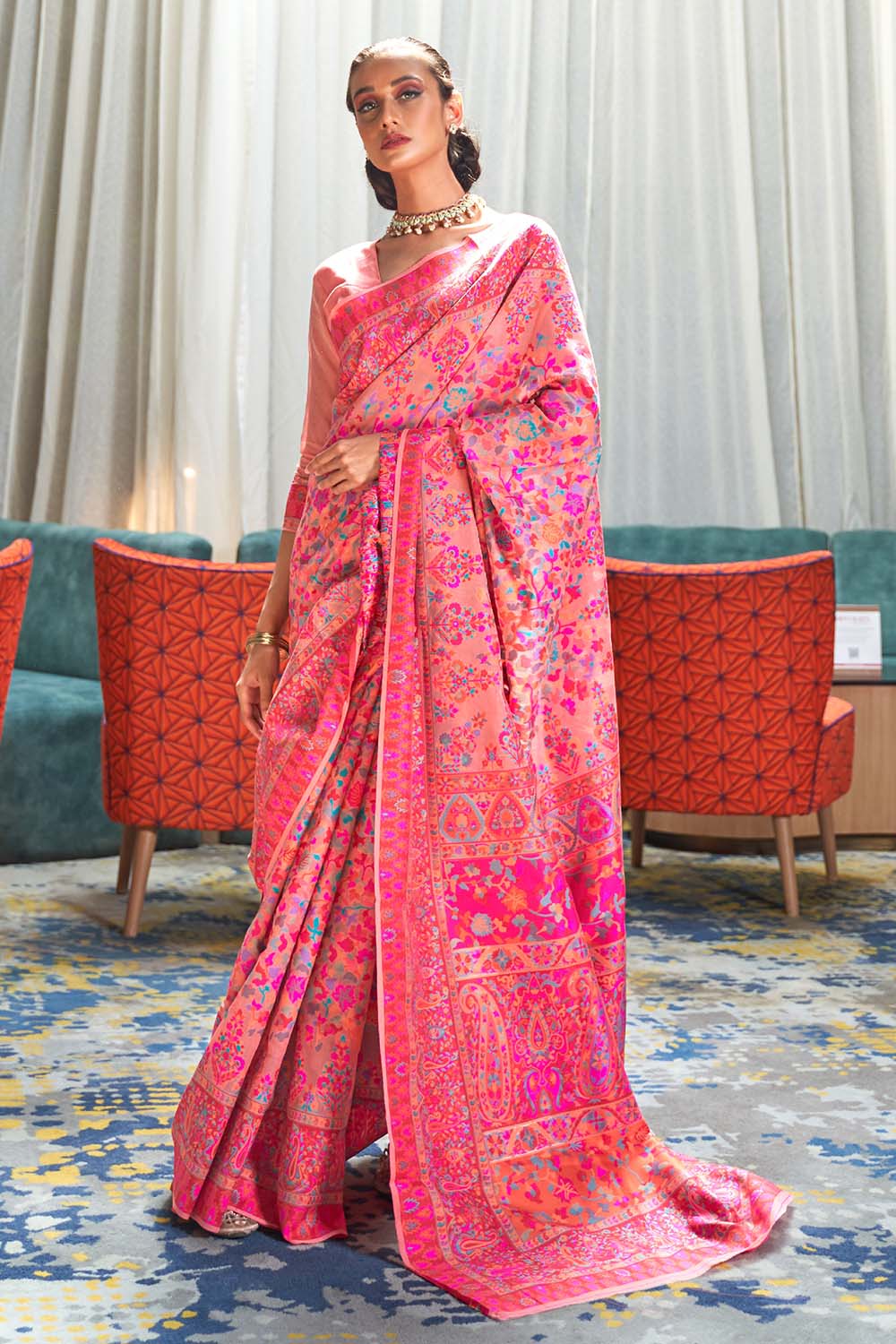 Buy Navy Blue Pashmina Silk Organza Saree With Blouse Piece Nitaraa