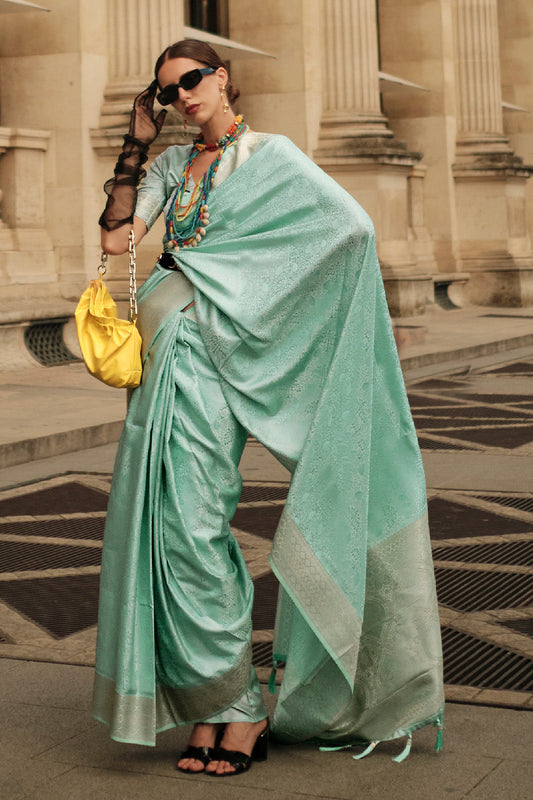 Green Satin Silk Saree With Blouse Piece