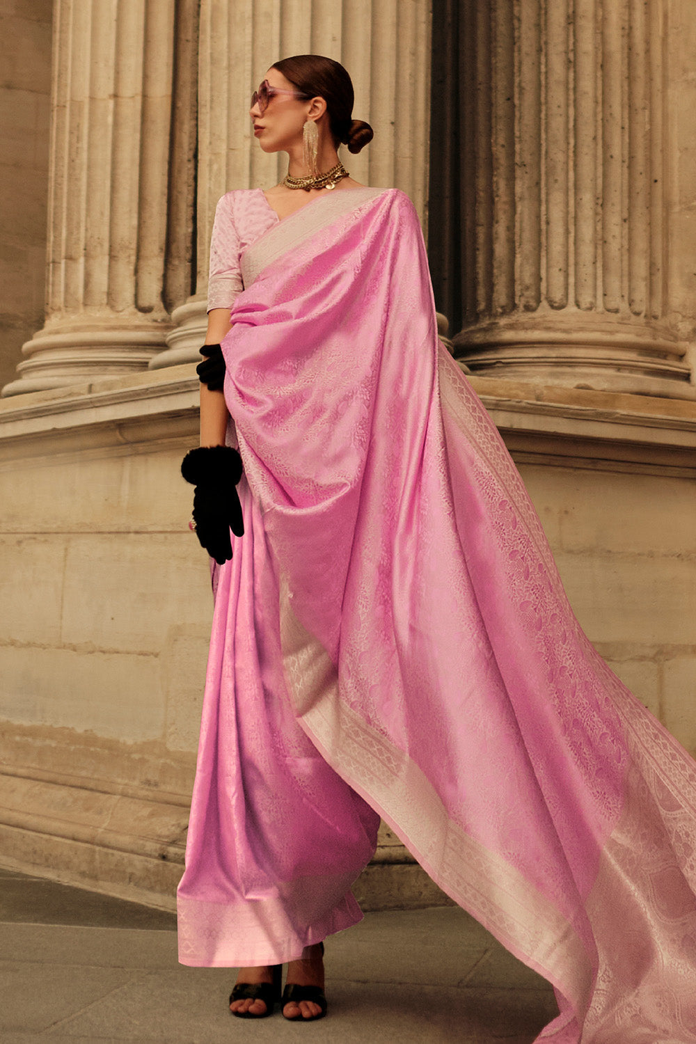 Pink Satin Silk Saree With Blouse Piece