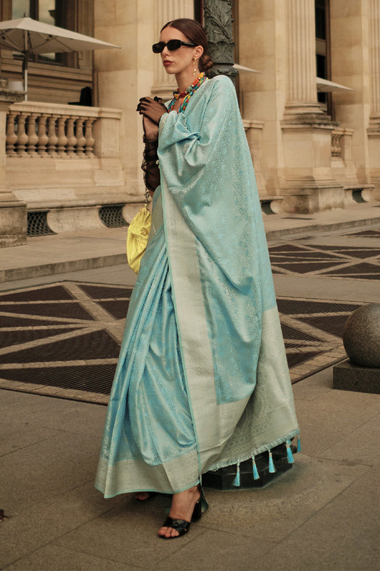 Blue Satin Silk Saree With Blouse Piece