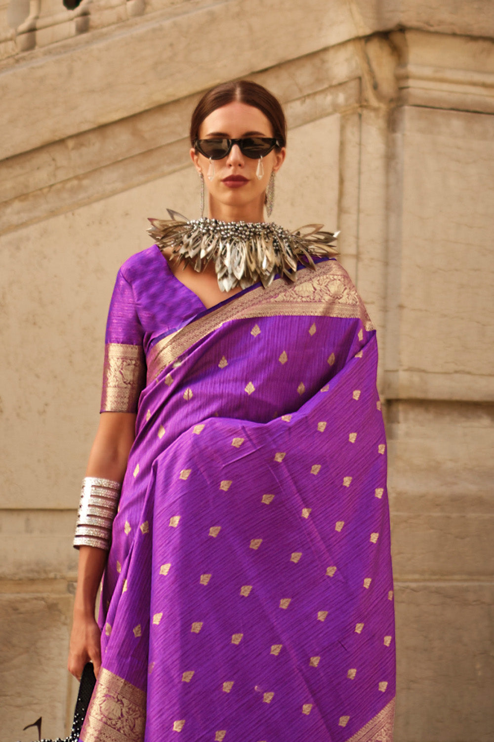 Purple Banarasi Silk Saree With Blouse Piece