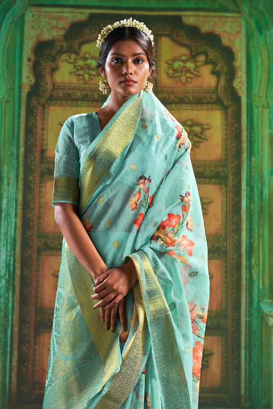 Aqua Blue Cotton Saree