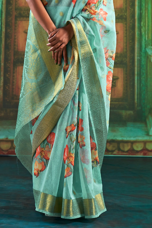 Aqua Blue Cotton Saree