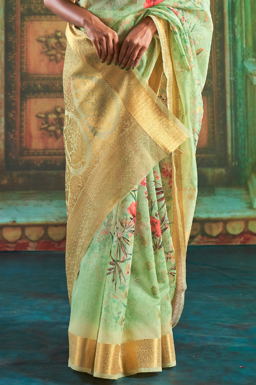 Buy Steel Blue Satin Crepe Saree Nitaraa
