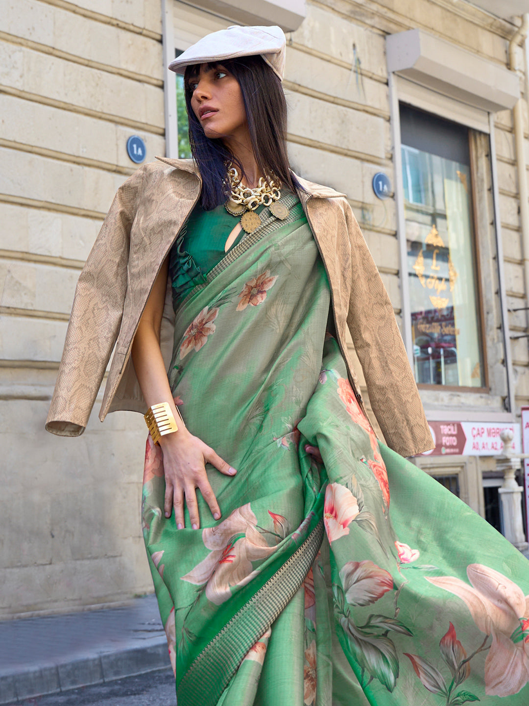 Pastel Green Digital Organza saree