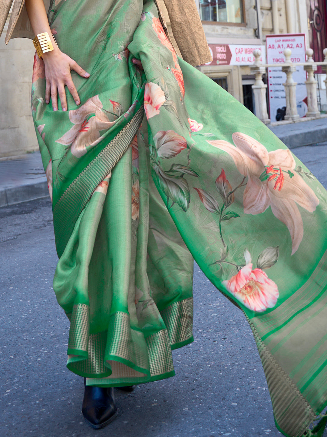 Pastel Green Digital Organza saree