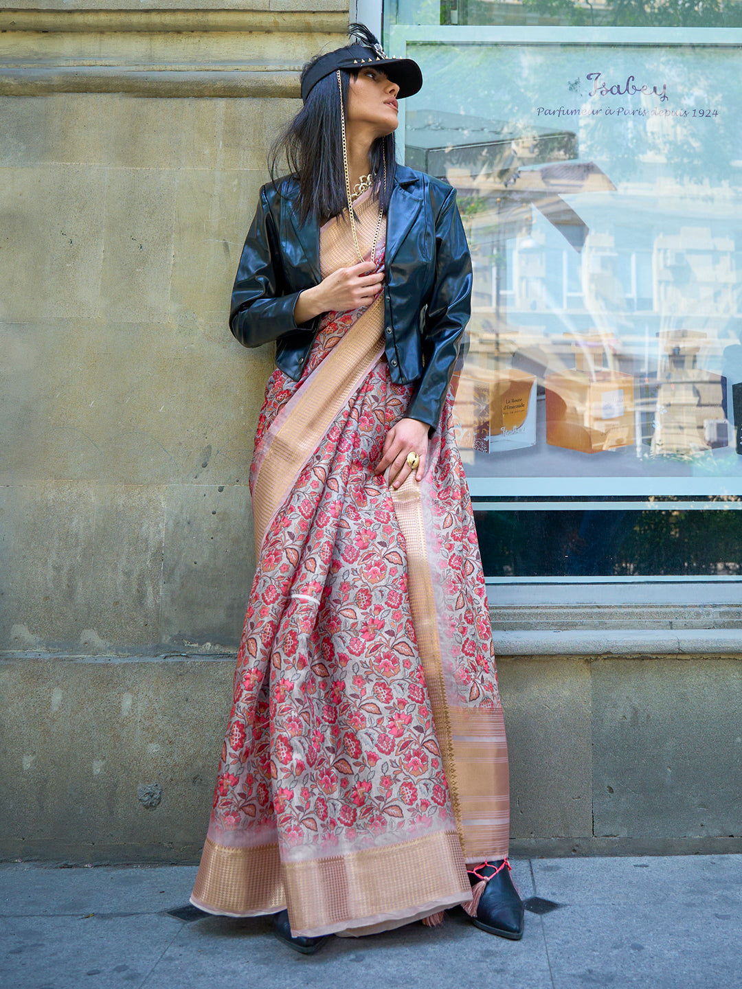 Pink And Beige Digital Organza saree