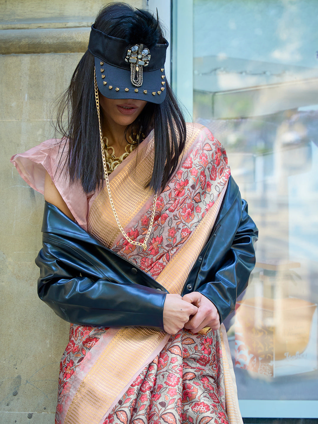 Pink And Beige Digital Organza saree