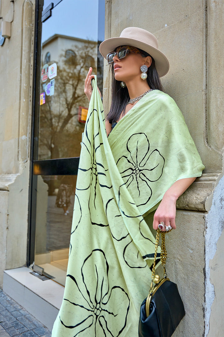 Pista Green Silk Printed Saree With Blouse Piece