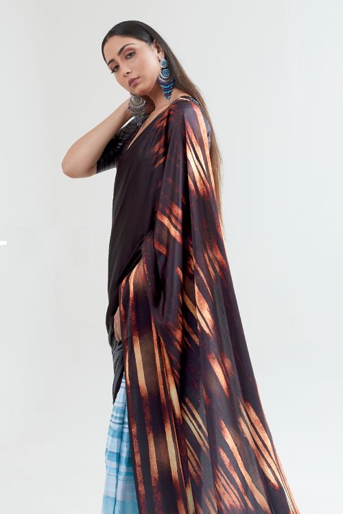 Buy Multicolor Blue Satin Printed Saree With Blouse Piece Nitaraa