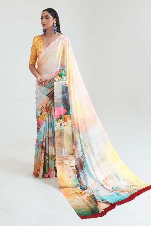 Buy Peach Silk Blend Saree Nitaraa