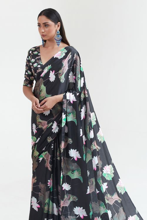 Buy Multicolor Satin Printed Saree With Blouse Piece Nitaraa
