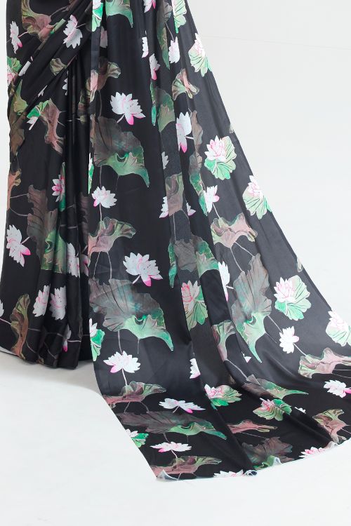 Buy Multicolor Satin Printed Saree With Blouse Piece Nitaraa