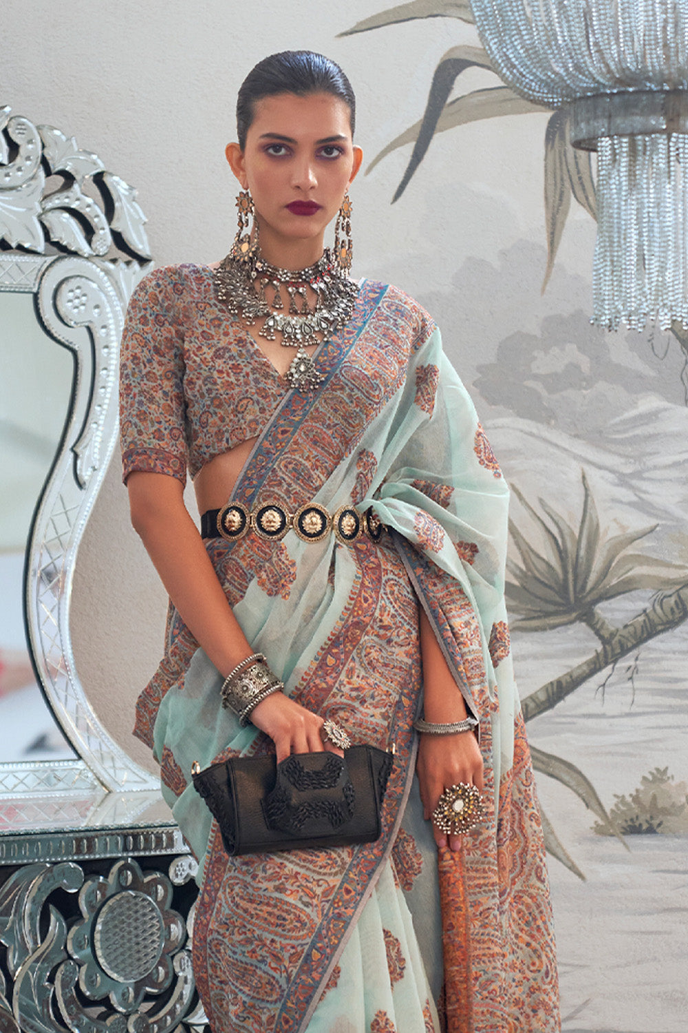 Water Blue Kashmiri Silk Saree With Blouse Piece